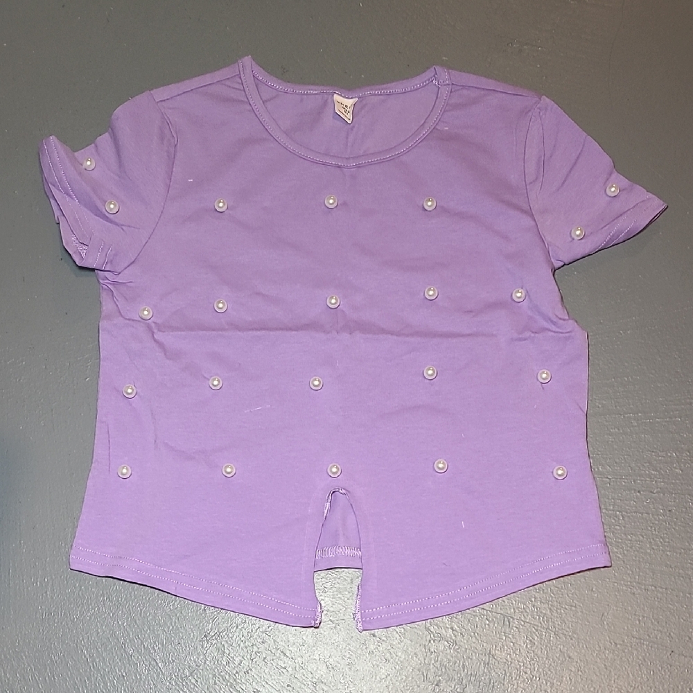 SHEIN Lavender Kids Tee with Pearl Details